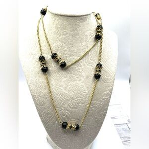 Liz Claiborne Gold and Black Beaded Necklace Stations with Gold Filigree